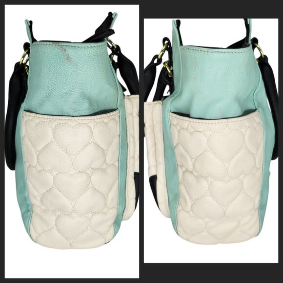 Betsey Johnson Purse Handbag Blue White Quilted Hearts Large Y2k 2000s Black - Picture 3 of 13